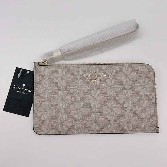 Kate Spade Lucy Spade Flower Medium L-zip Wristlet Dark Beige Multi - Picture 1 of 16